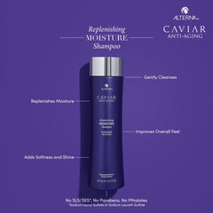 Alterna CAVIAR Anti Aging Replenishing Moisture Shampoo label highlights caviar extract.