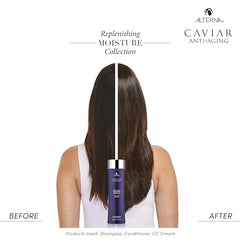 Alterna CAVIAR Anti Aging Replenishing Moisture Shampoo pump releasing rich foam for cleansing.
