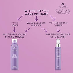 Alterna Caviar Anti-Aging Multiplying Volume Styling Mist being sprayed on hair for lift.
