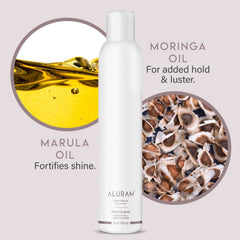 ALURAM Finishing Spray nourishes with Marula, Moringa, and Coconut oils for hydration.