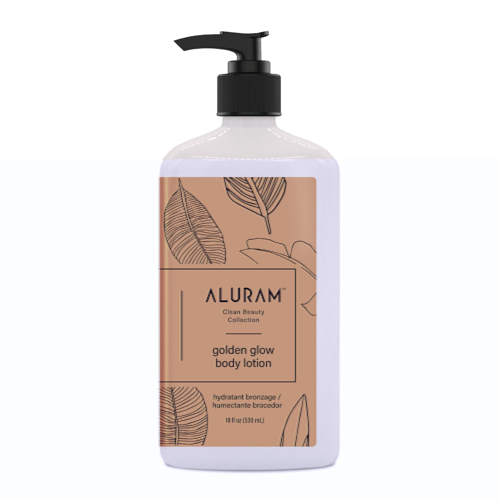 ALURAM Golden Glow Lotion bottle showcasing nourishing formula for radiant skin
