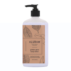 ALURAM Golden Glow Lotion bottle showcasing nourishing formula for radiant skin