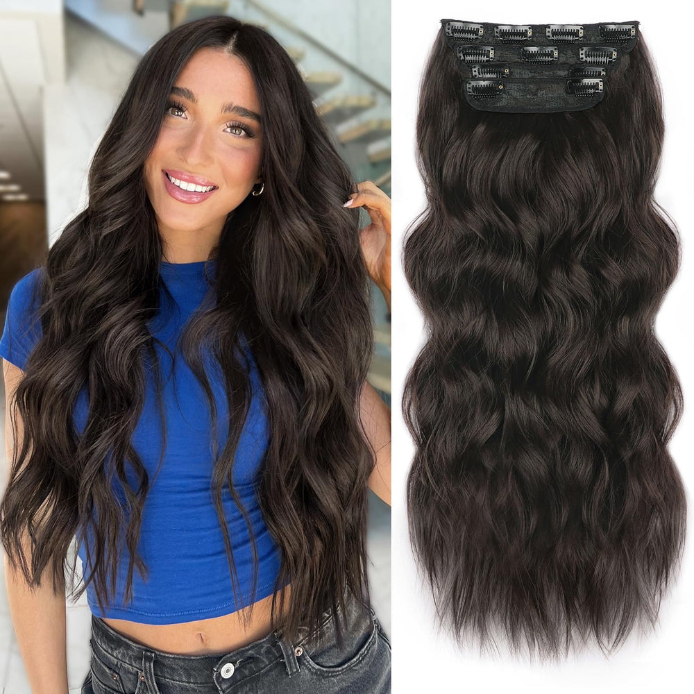 ALXNAN clip-in long wavy extension 24in in dark brown adds instant volume.