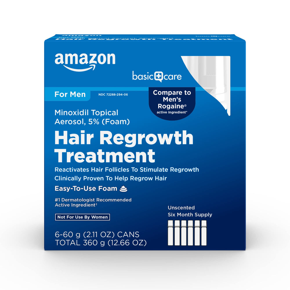The Amazon Basic Care Minoxidil 5% Foam bottle features an easy-dispense design for daily scalp use.