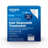 The Amazon Basic Care Minoxidil 5% Foam bottle features an easy-dispense design for daily scalp use.