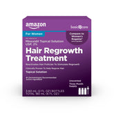 Amazon Basic Care Minoxidil bottle shows the 2% formula for women's hair regrowth