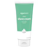 Amazon Basics 2-in-1 shave cream tube with shea butter for sensitive skin.