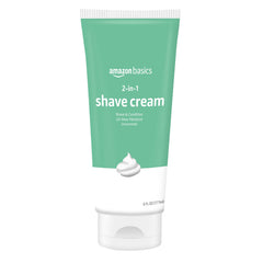 Amazon Basics 2-in-1 shave cream tube with shea butter for sensitive skin.