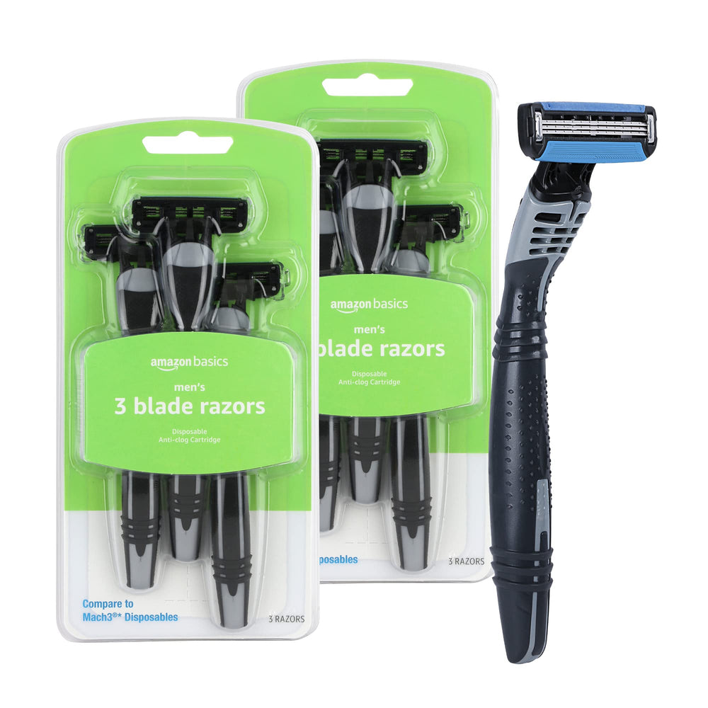 Amazon Basics 3-Blade Razor in front view with two-pack display for easy grooming.