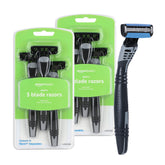 Amazon Basics 3-Blade Razor in front view with two-pack display for easy grooming.