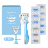 Amazon Basics 5-Blade razor handle in blue for a smooth shave.