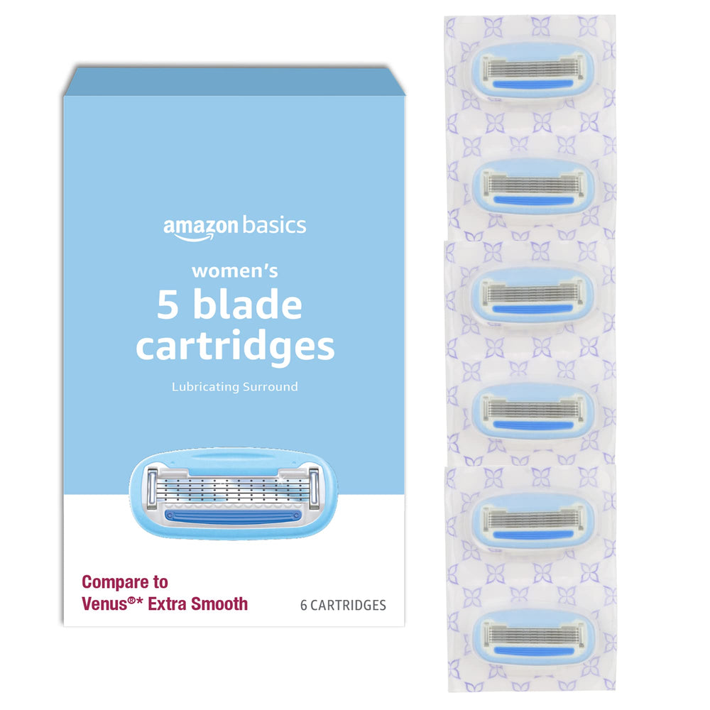 Amazon Basics 5-Blade Razor Refills rounded-blade for a smoother shave.