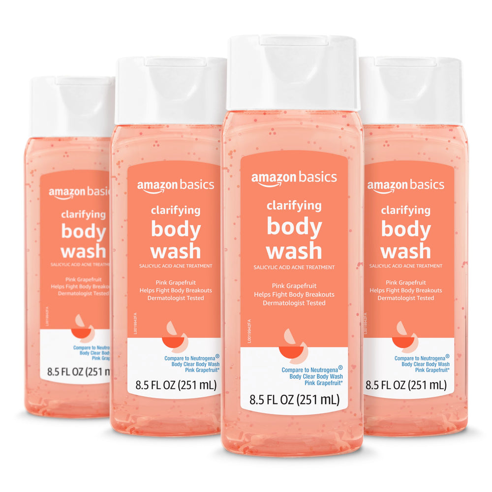 Amazon Basics clarifying pink grapefruit body wash foaming bottle for daily use.
