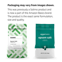 Amazon Basics Epsom Salt Soaking Aid bag shows 3-lb resealable packaging.