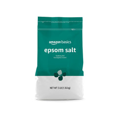 Amazon Basics Epsom Salt Soaking Aid bottle with eucalyptus and spearmint aroma for relaxation.