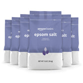 Amazon Basics Epsom Salt Soaking Aid lavender bottle for relaxing bath.