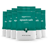 Amazon Basics Epsom Salt Soaking Aid six-pack with eucalyptus and spearmint for relaxing baths.