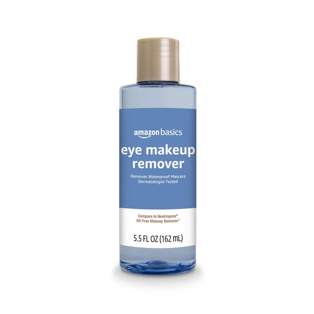 Amazon Basics Eye Makeup Remover bottle front shows oil-free, fragrance-free cleansing