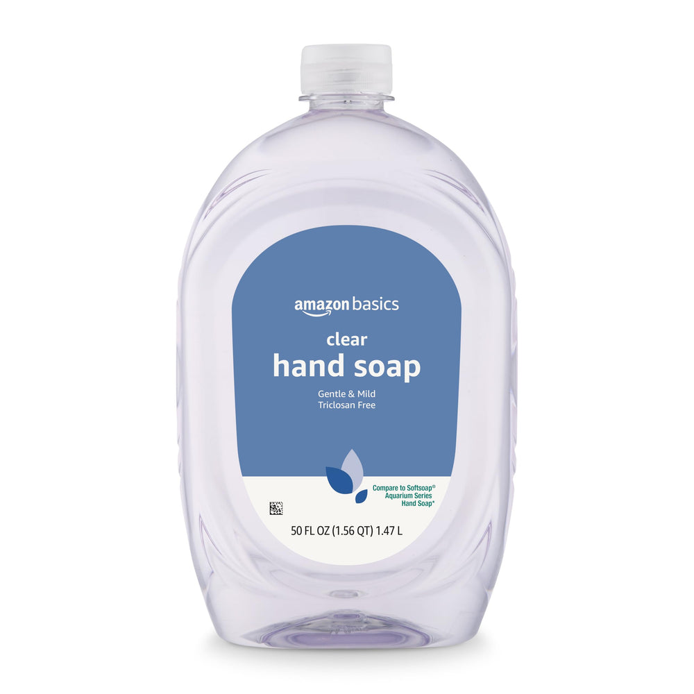 Amazon Basics Gentle & Mild Clear Hand Soap refill bottle front view for everyday handwashing.