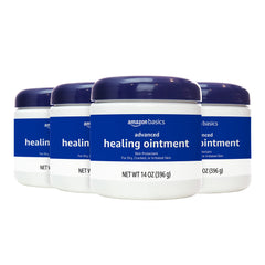 Amazon Basics Healing Ointment packaging shows 14 oz jar for daily dry skin care