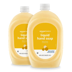 Jabón de manos Amazon Basics recarga leche y miel para rellenar dispensadores.