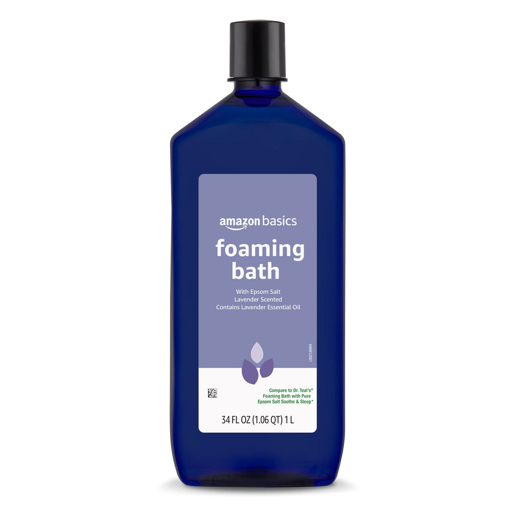 Amazon Basics lavender scented foaming bath bottle emitting soothing aroma for a relaxing soak.