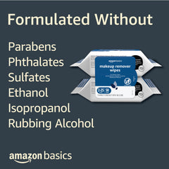 Amazon Basics makeup remover wipes packaging emphasizes recycled materials and FSC certification