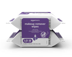 Amazon Basics Makeup Remover Wipes pack front view showing two resealable packs for gentle cleansing