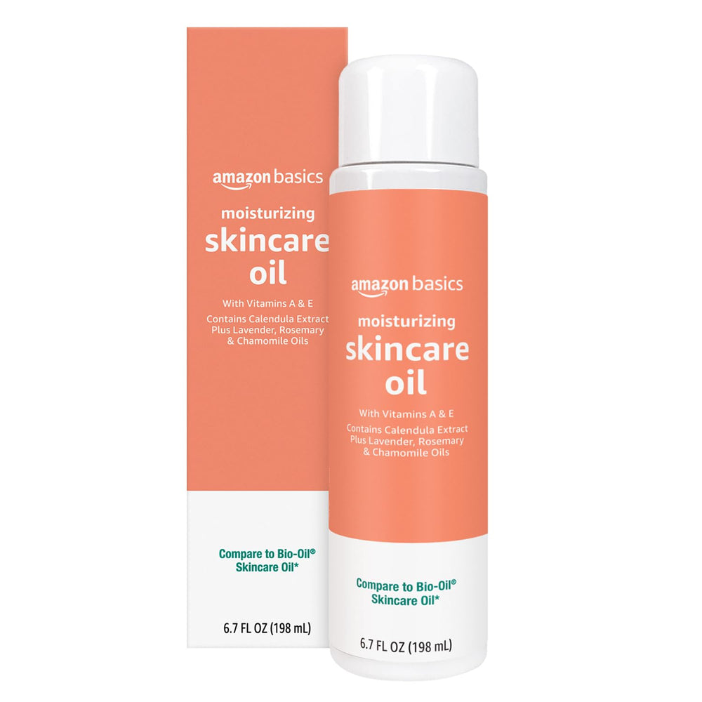 Amazon Basics Moisturizing Body Oil bottle for daily hydration and skin conditioning.