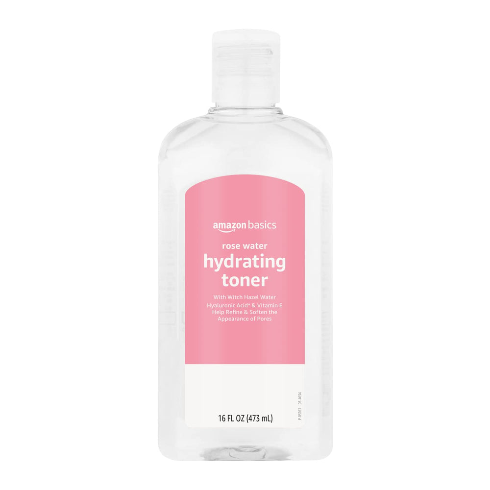 Amazon Basics Rose Water Toner bottle shows alcohol-free hydration for daily use.