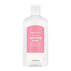 Amazon Basics Rose Water Toner bottle shows alcohol-free hydration for daily use.