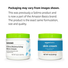 Amazon Basics Ultra Moisturizing Skin Cream jar close-up highlights fragrance-free, dermatologist-tested formula.