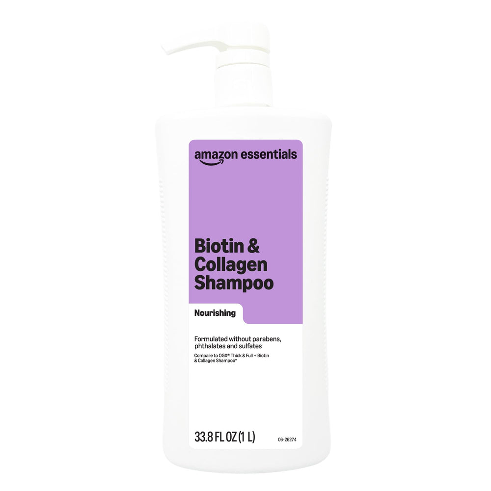 Botella del champú Amazon Essentials Biotina y Colágeno, fortalecimiento diario.