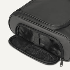 Amazon Essentials hanging travel bag shows mesh interior pockets for quick visibility and air flow.