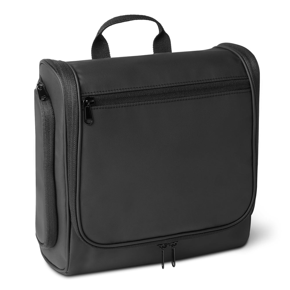 Amazon Essentials waterproof travel toiletry bag with hanging design, keeping toiletries organized during trips.