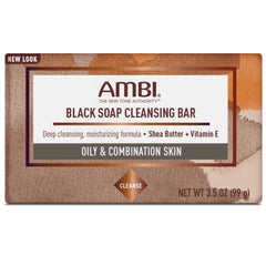 Ambi black soap bar close-up shows creamy texture and shea butter.