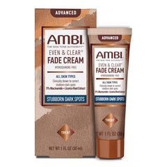 Ambi Even & Clear Advanced Fade Cream en tubo, acción suave para reducir manchas oscuras