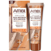 Ambi Even and Clear SPF 30 bottle close-up highlighting hydrating sunscreen benefits.
