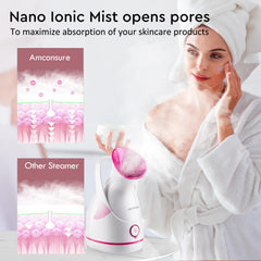 Amconsure nano-steaming enhances serum absorption for brighter skin.