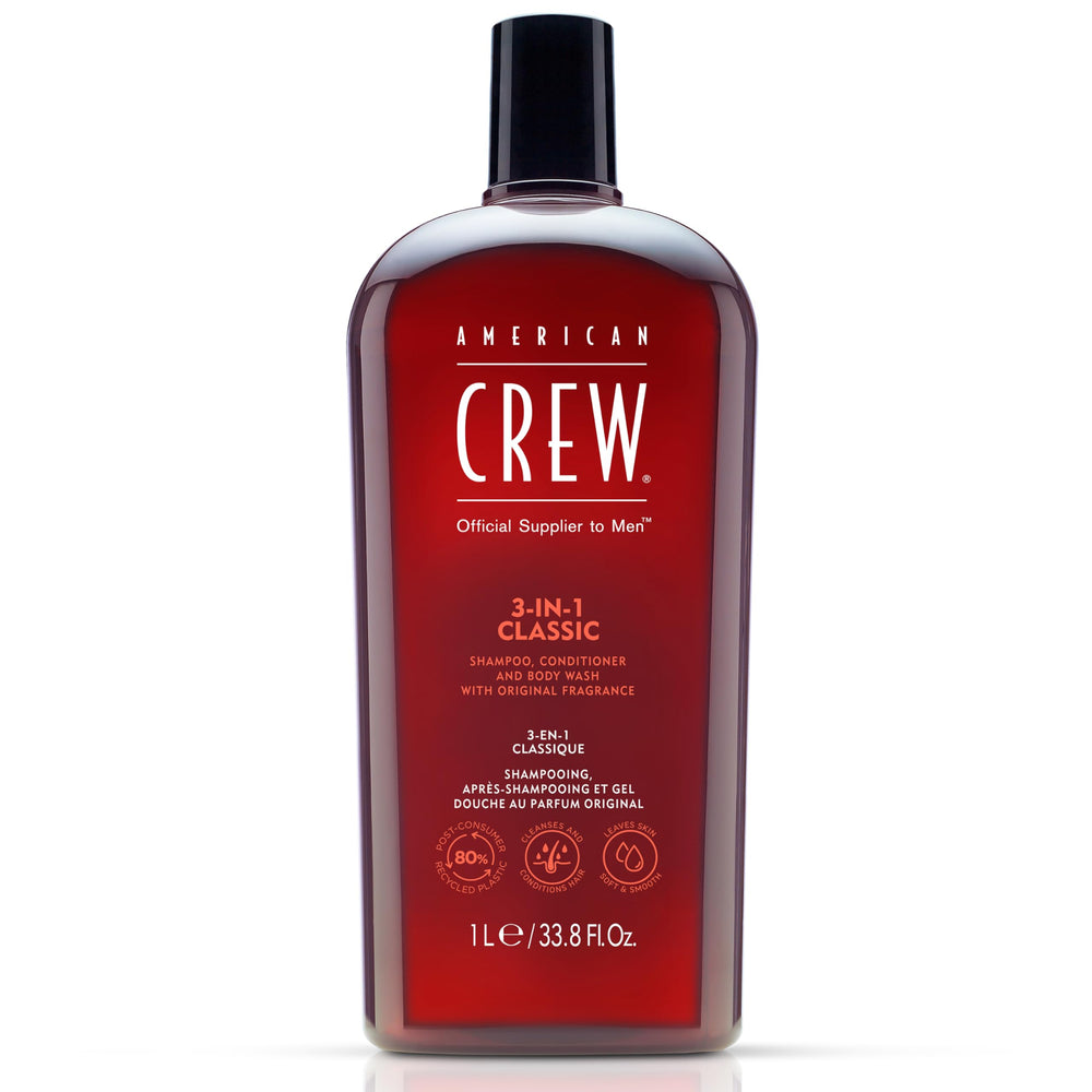 American Crew 3-en-1, botella en la ducha para lavado y cuidado de piel y cabello.