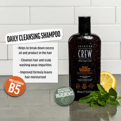 Champú American Crew: aplicación suave con espuma para cabello limpio y manejable.