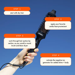 Amika Blowout Babe thermal brush barrel close-up demonstrates ceramic ionic technology for frizz control.