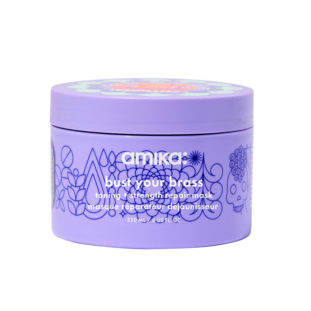Amika Bust Your Brass toning mask jar with hydrating formula for icy blonde tones.