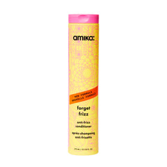 Amika Forget Frizz conditioner bottle highlights long-lasting frizz protection.
