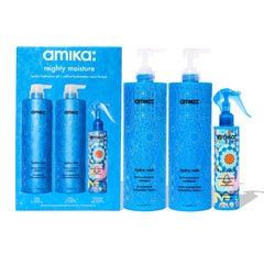 Amika Mighty Moisture Jumbo Set shampoo and conditioner for deep hydration and frizz control.