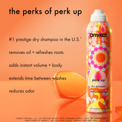 Amika Perk Up dry shampoo spray in action, quick root refresh.