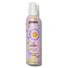 Amika Plus Size Perfect Body Hair Mousse bottle closeup showing sleek packaging for instant fullness.