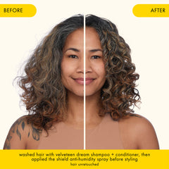 Close-up of Amika Shield applying heat protection up to 450°F on hair.