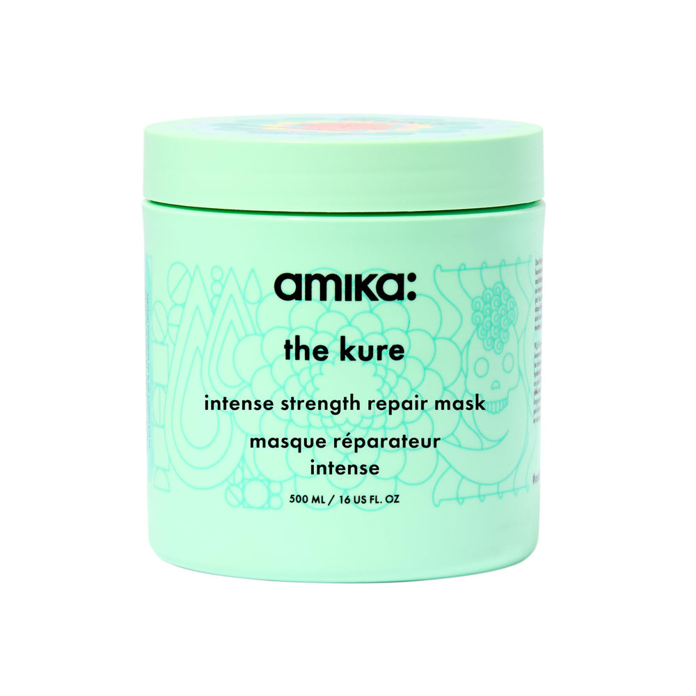 Amika The Kure intensive mask bottle showcasing deep hydration for dry hair.