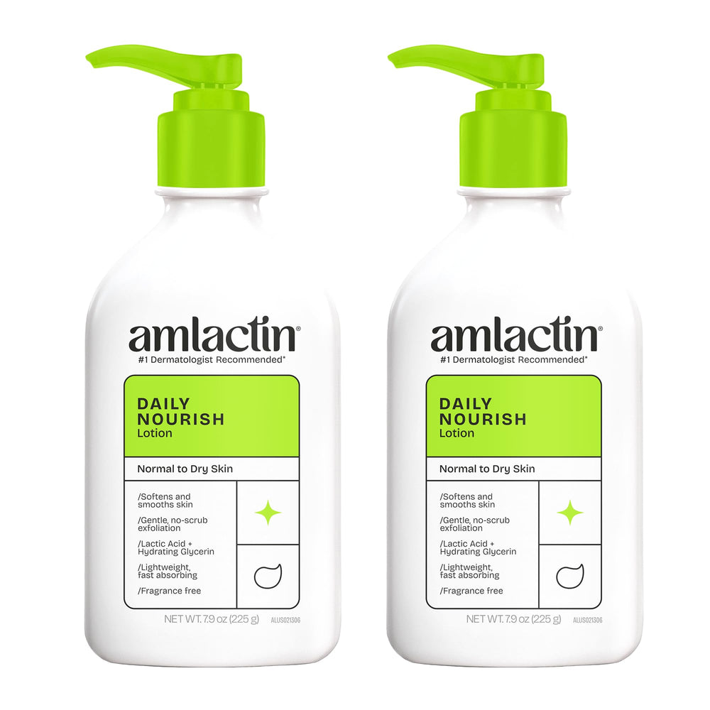 AmLactin Daily Moisturizing Lotion pump bottle delivers quick, non-greasy hydration for dry skin.
